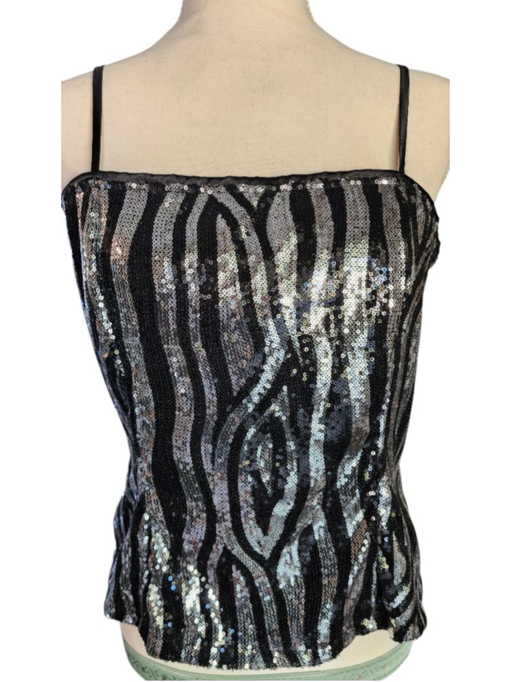 Y2K Body Central Black Sequin Zebra Stripe Crop Top M Spaghetti Straps Party